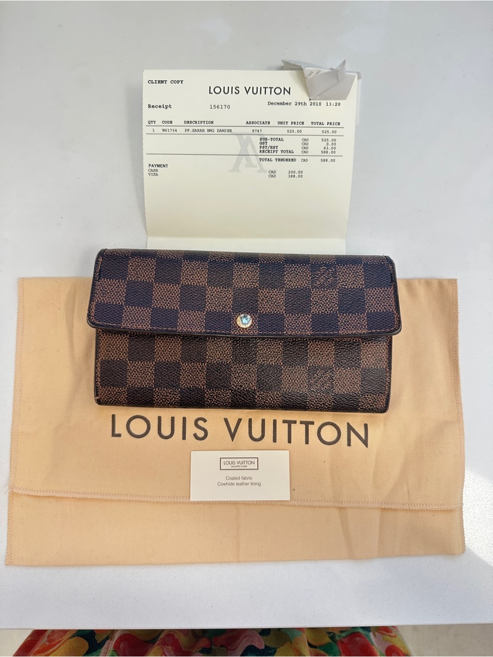 Louis Vuitton Damier Ebene Sarah Wallet N61734 with Receipt + Dust Bag